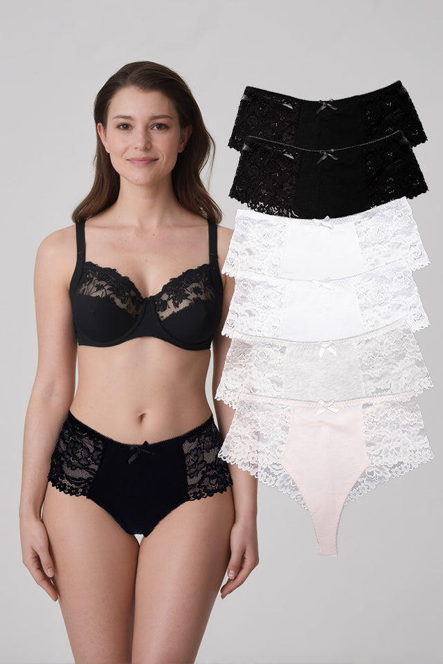 Dollcini ,Magas Derekú Női Bugyi ,Brazil Női Bugyi,Csipkés Női Bugyi -95% pamut + spandex,Többszínű,6 db-os Csomag