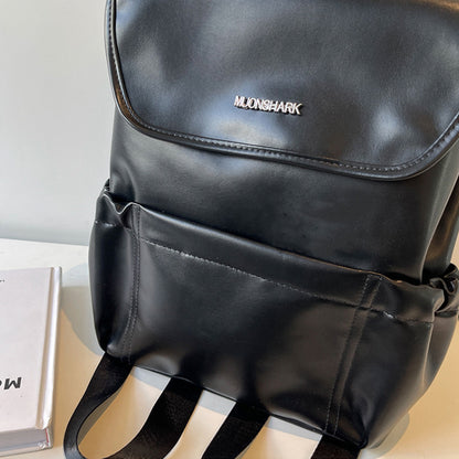 Dollcini Divatos Nagy Kapacitású Női Hátizsák – PU Bőrpántos, Minimalista, Iskolába, Munkába és Utazáshoz, Fényes Fekete