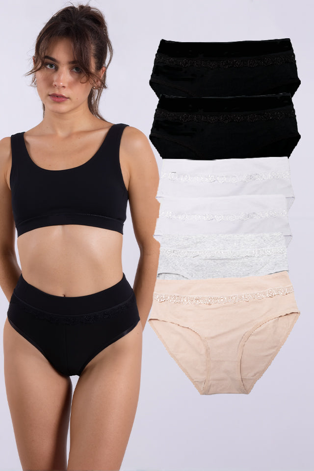 Dollcini ,Magas derekú női bugyi ,95% Pamut + Spandex-Többszínű, 6 db-os Csomag,69352