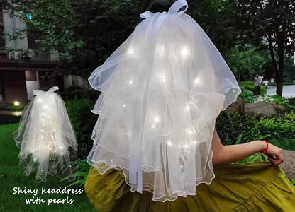 Dollcini Világító LED-es Szarvas Fejpánt – Fátyollal, Fehér