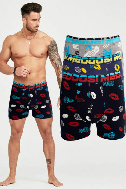 Dollcini Légáteresztő Pamut Férfi Boxeralsó - 95% Pamut, Csókmintás, 3 darabos szett